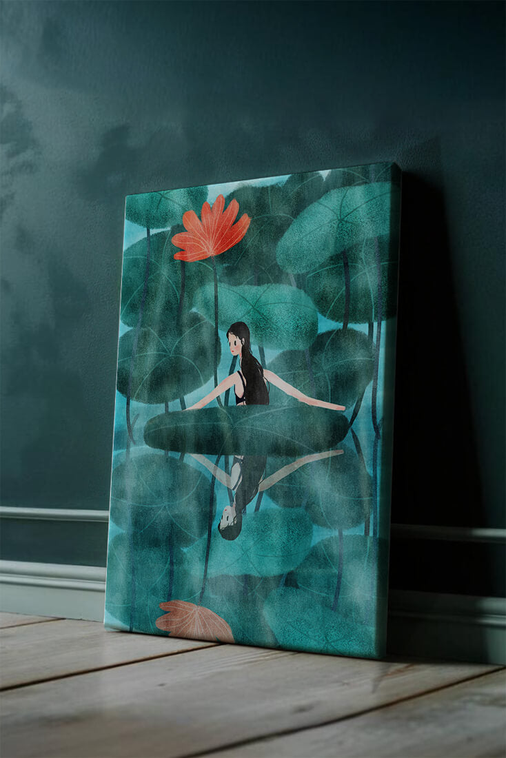 Woman Reflecting among Lotus Leaves and Flowers with a Mirror Image
