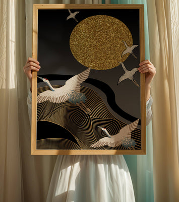 Elegant Cranes Soaring under a Golden Sun