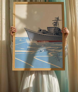 Illustrative depiction of a warship sailing on calm waters