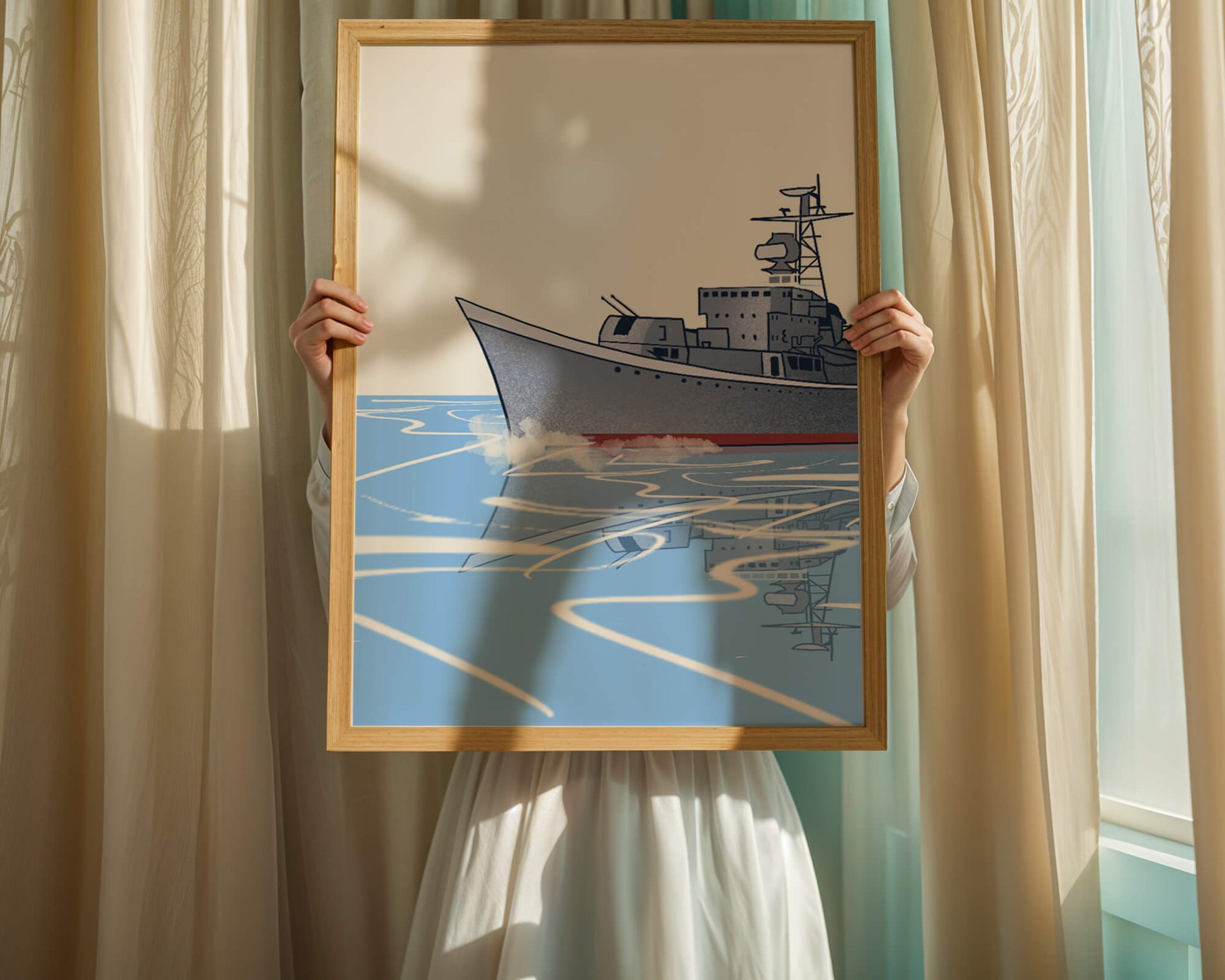 Illustrative depiction of a warship sailing on calm waters