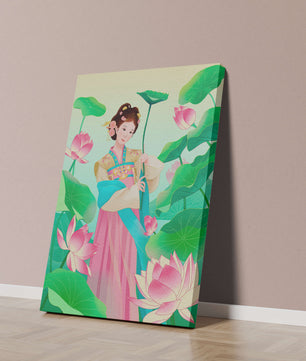 Traditional Asian woman in a garden surrounded by lotus flowers and green leaves