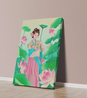Traditional Asian woman in a garden surrounded by lotus flowers and green leaves