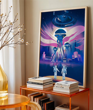 Futuristic Space City With Alien Creatures and Astronauts