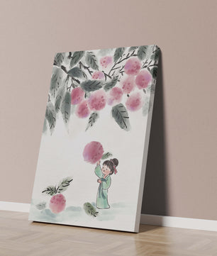 Ilustración encantadora de un niño con ropa tradicional, bayas vibrantes y hojas exuberantes