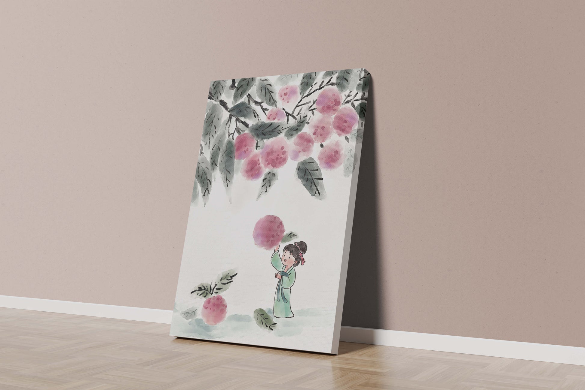 Ilustración encantadora de un niño con ropa tradicional, bayas vibrantes y hojas exuberantes