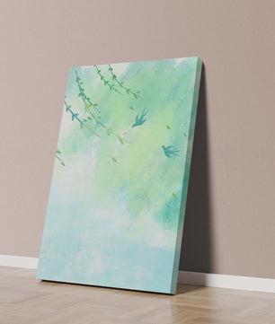 Serene Spring Scene with Birds and Leaves on a Light Blue Background