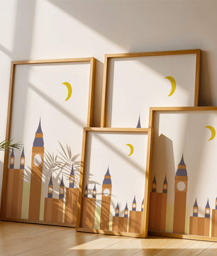 Ilustración minimalista de un icónico reloj con luna creciente