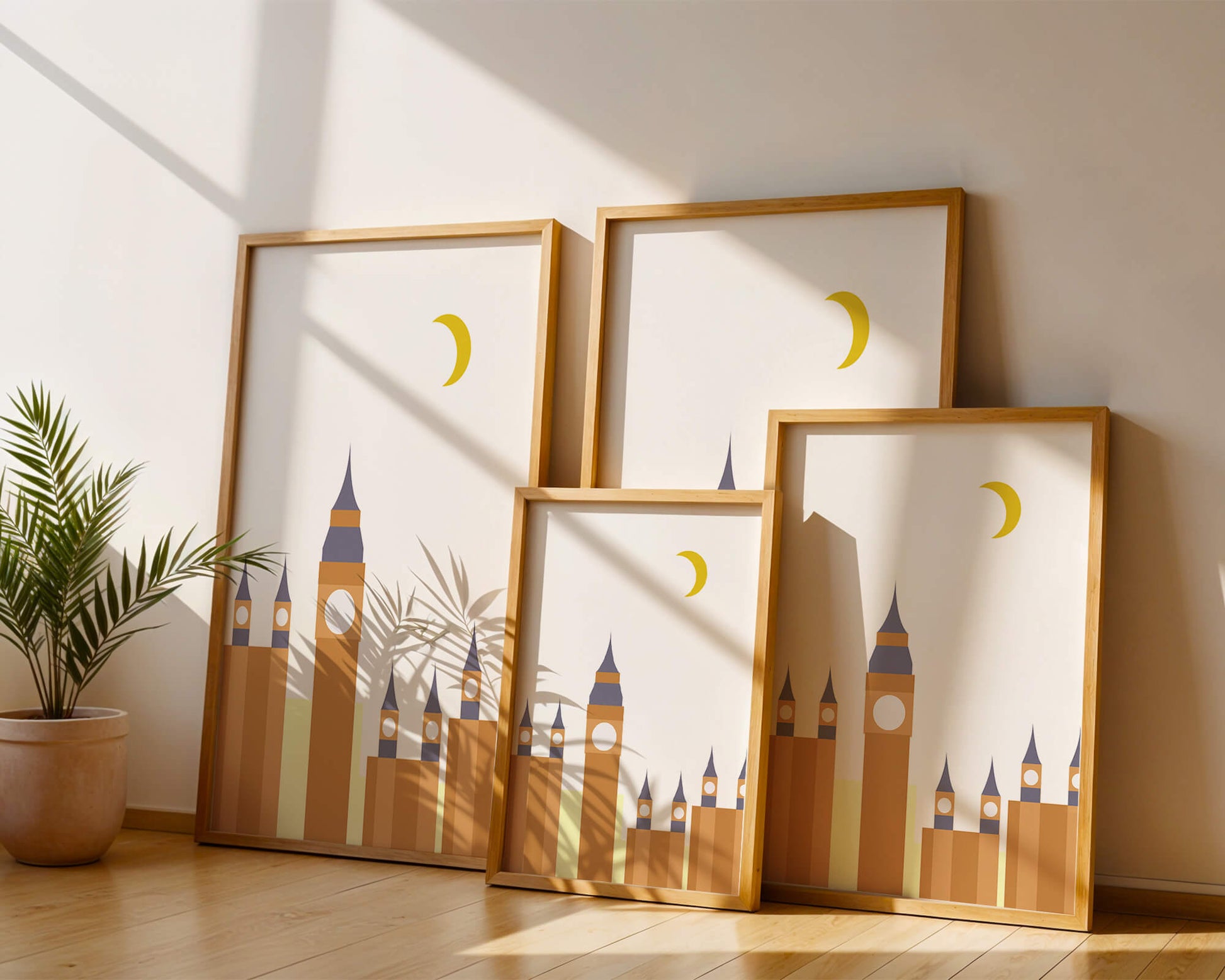 Minimalist illustration of iconic clock tower with crescent moon
