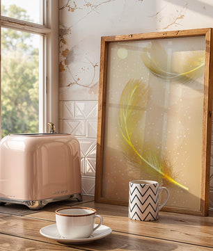 Elegant golden feathers with sparkling particles on soft background