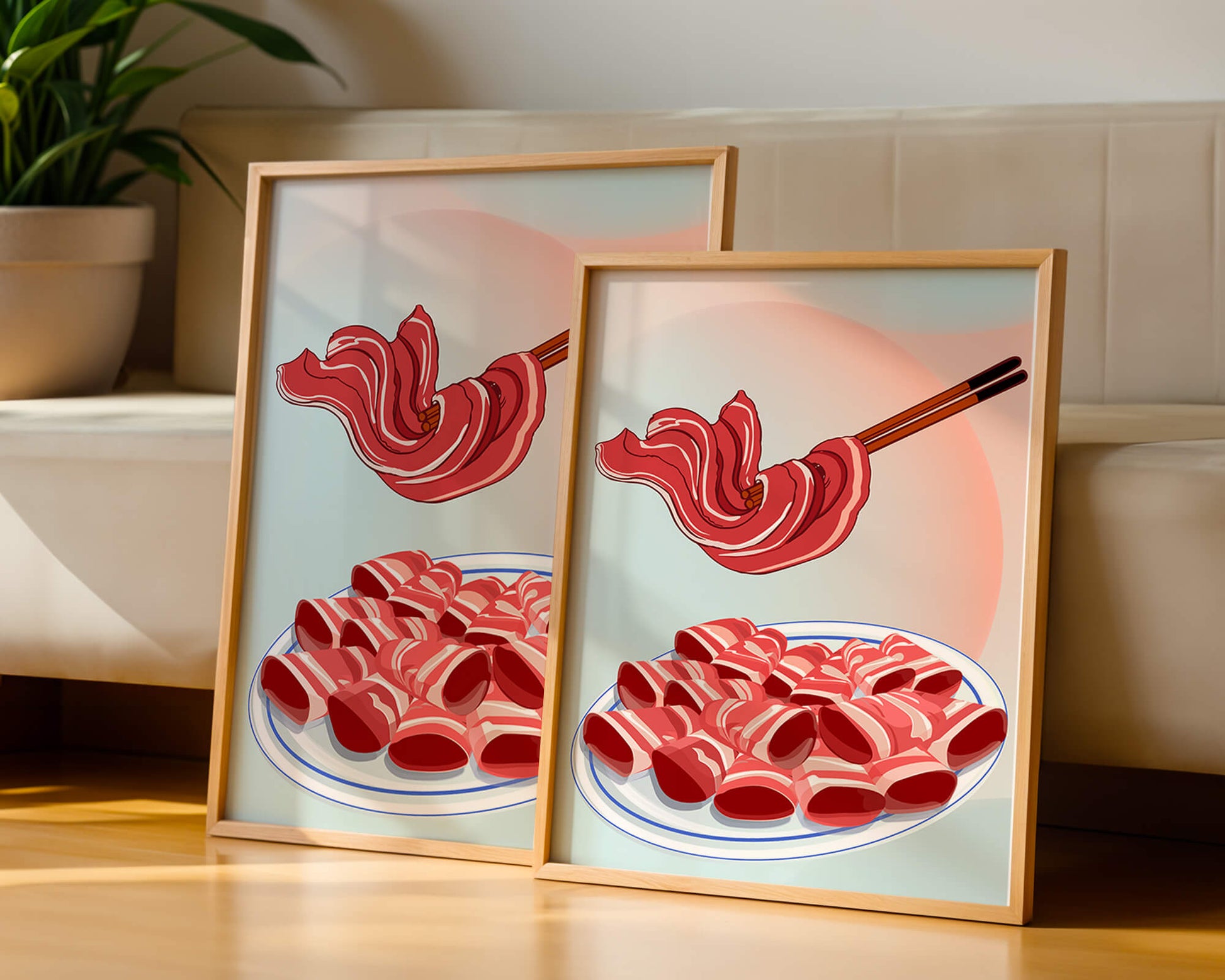 Delicious raw meat slices on plate with chopsticks in background