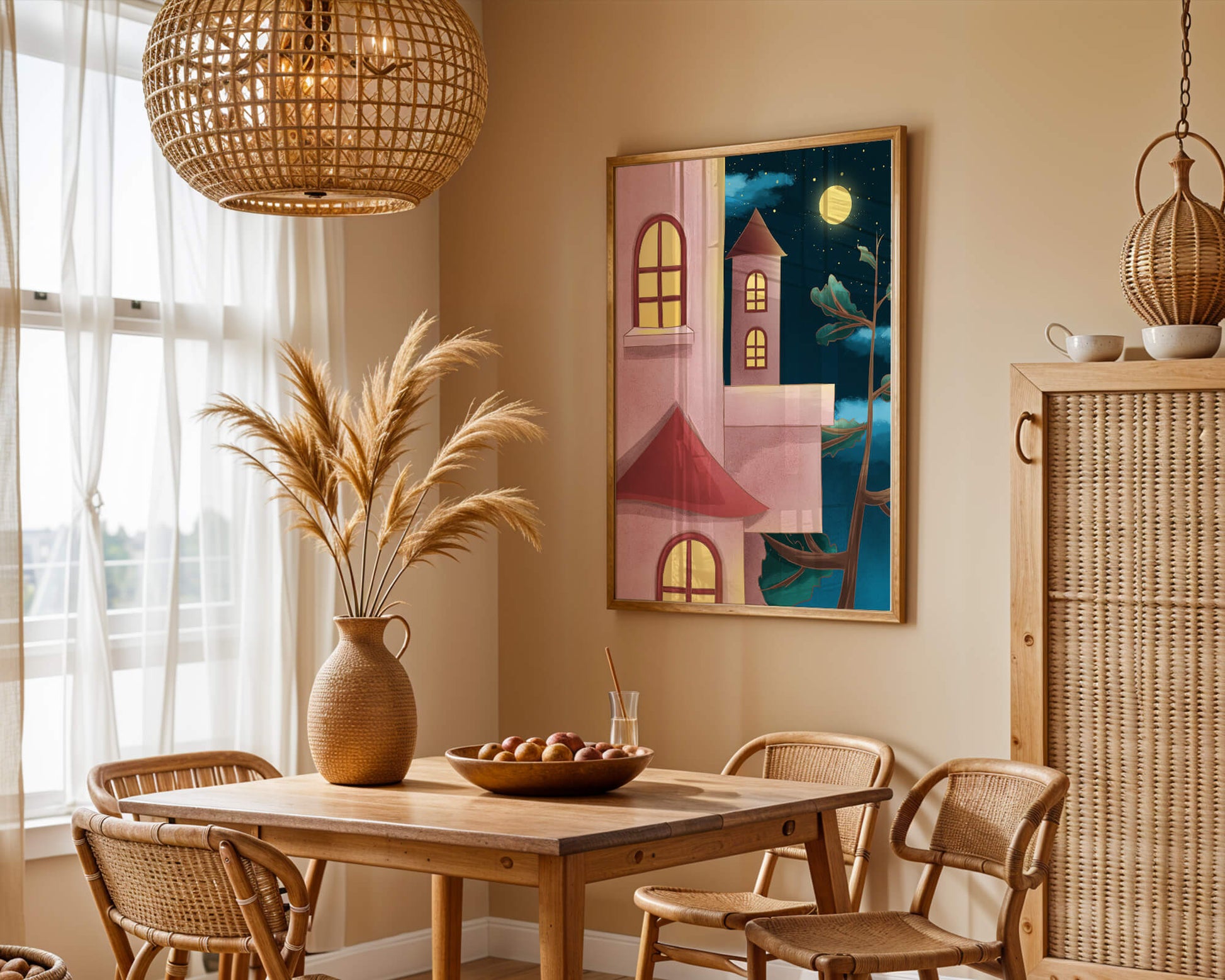 Castle with Arched Windows under Moonlit Sky