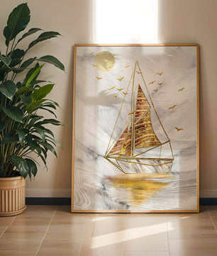 Elegant sailboat with gold elements against a textured sky