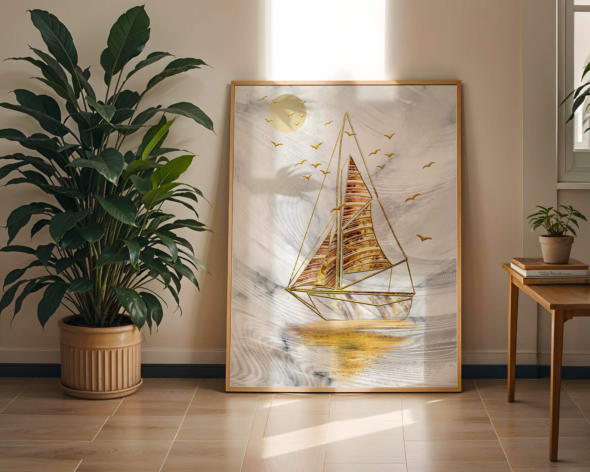 Elegant sailboat with gold elements against a textured sky