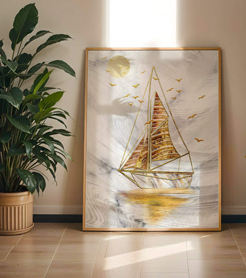 Elegant sailboat with gold elements against a textured sky