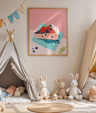 Bunte Dessertillustration mit Erdbeeren und Blaubeeren auf pastellfarbenem Hintergrund
