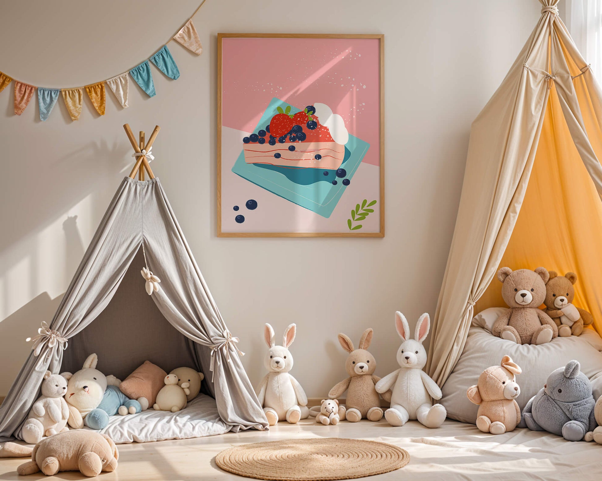Bunte Dessertillustration mit Erdbeeren und Blaubeeren auf pastellfarbenem Hintergrund