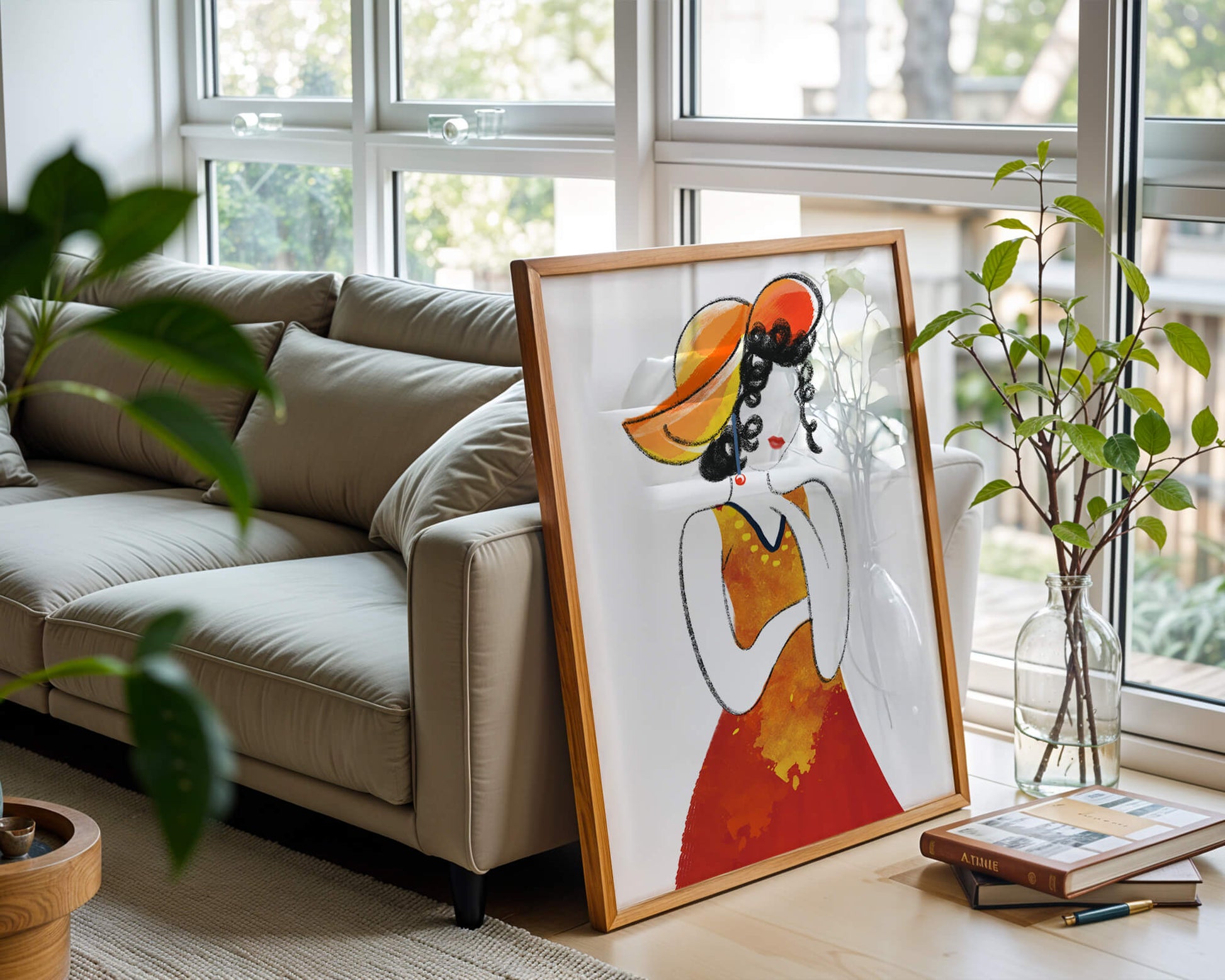 Elegant woman in a vibrant hat and dress illustration