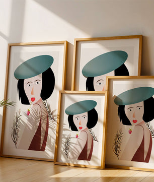 Mujer con sombrero azul y flor en estilo arte moderno