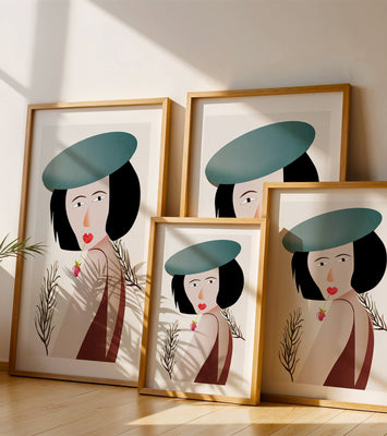 Woman with Blue Hat and Flower in Modern Art Style