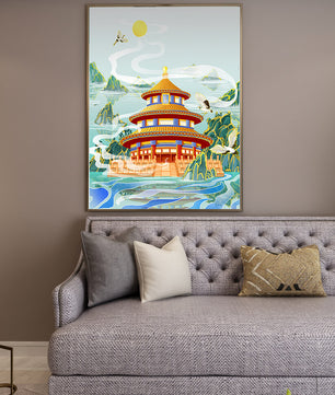 Alter chinesischer Pavillon am Wasser mit Kranichen und Bergen