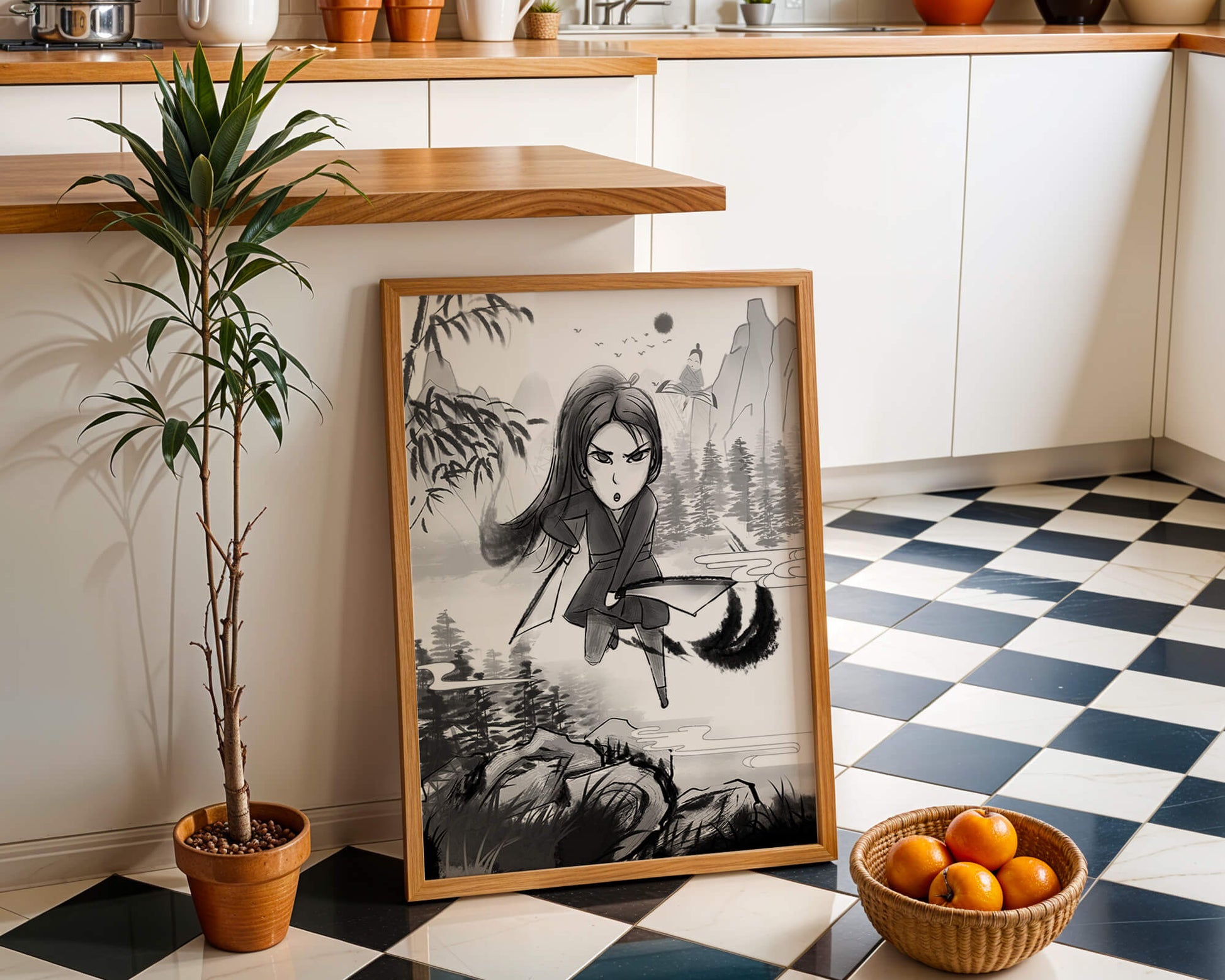 Warrior In A Mystical Landscape With Mountains And Rivers