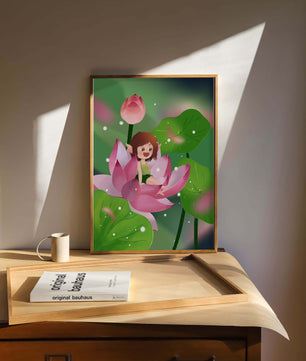 Charming fairy sitting on a blooming pink lotus in a magical garden