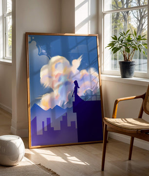 Silhouette of a woman on rooftop against a dreamy sky with colorful clouds