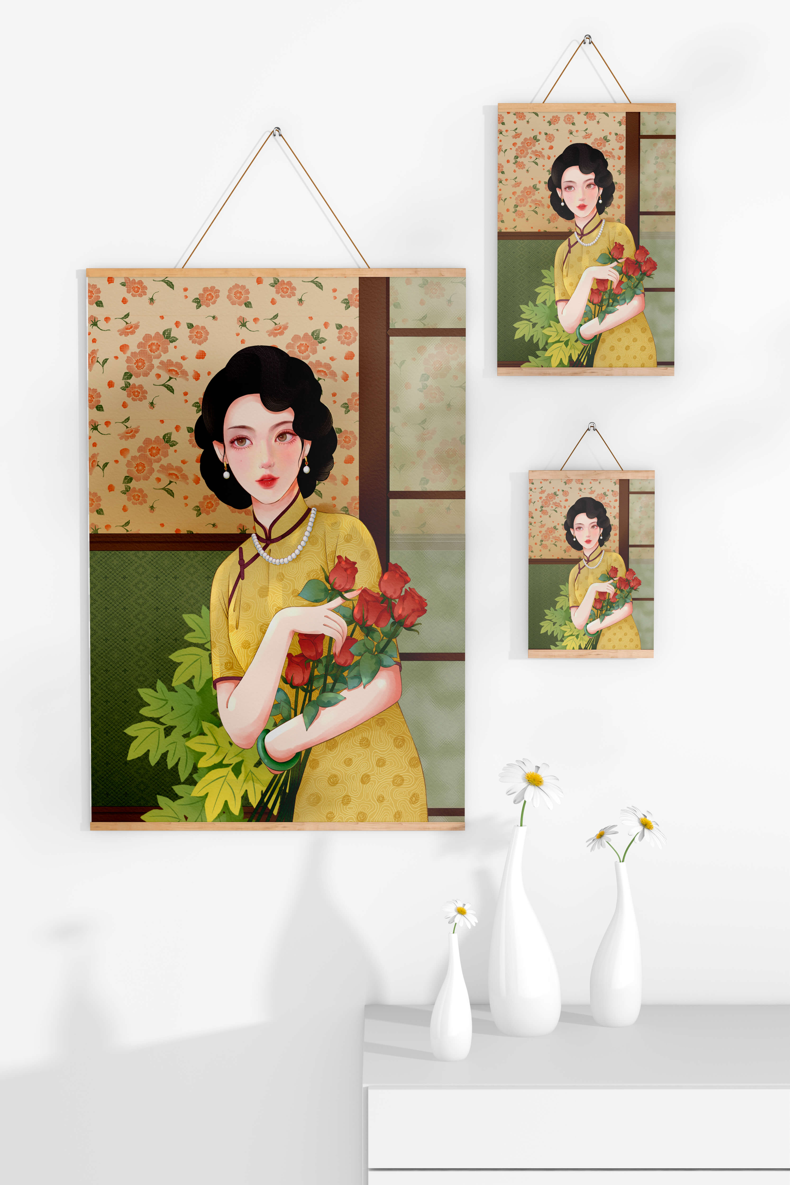 Elegant woman with floral backdrop holding a bouquet
