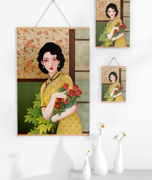 Mujer elegante con fondo floral sosteniendo un ramo