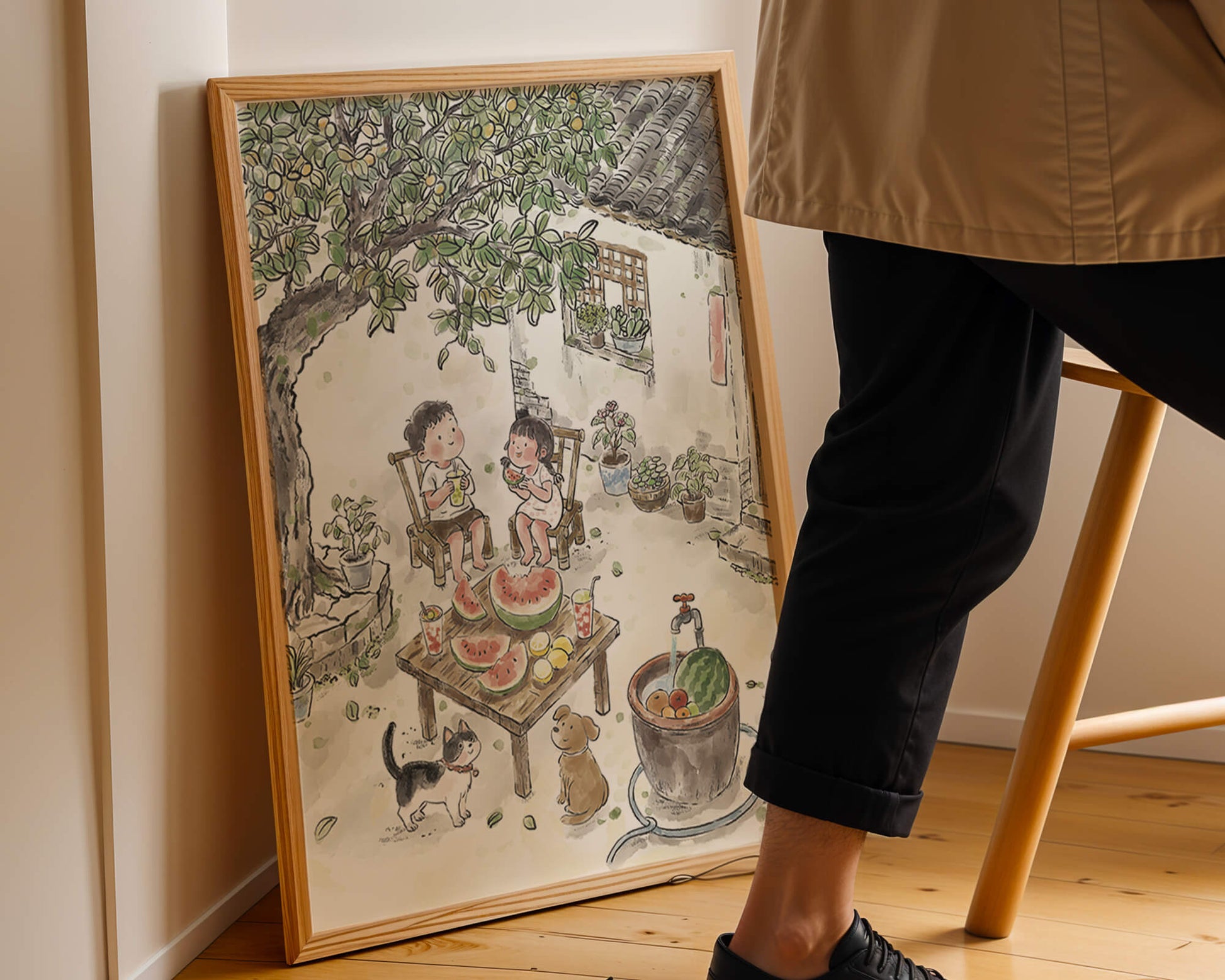 Encuentro acogedor en el patio trasero de verano con sandía y mascotas