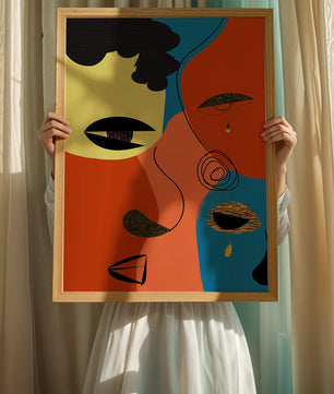 Abstract faces with vibrant colors and gold accents