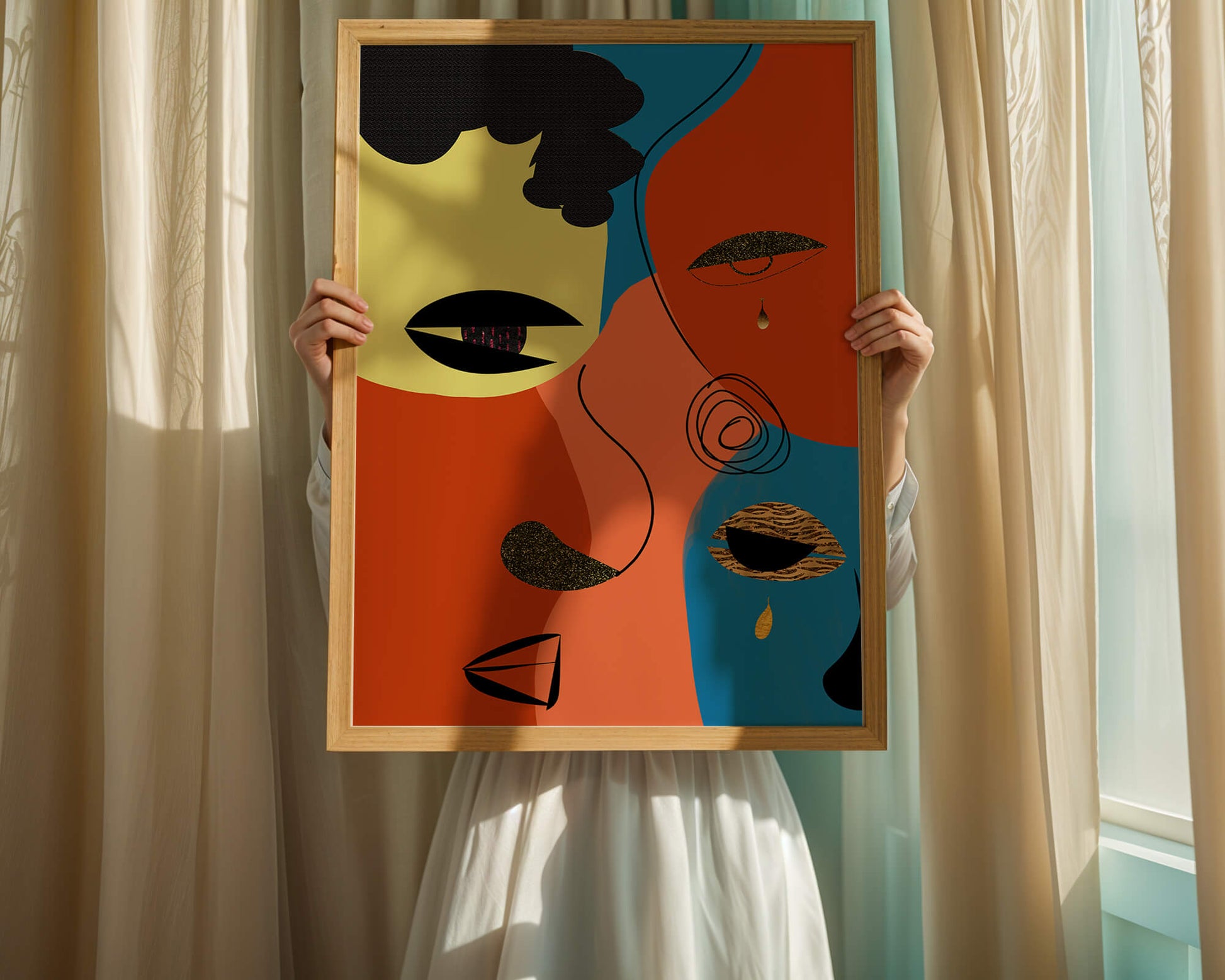 Abstract faces with vibrant colors and gold accents