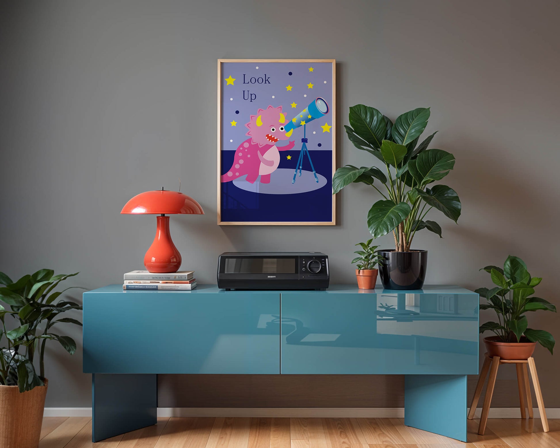 Pink cartoon dinosaur looking through a telescope with stars