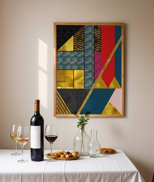 Geometric abstract art with bold colors and golden accents