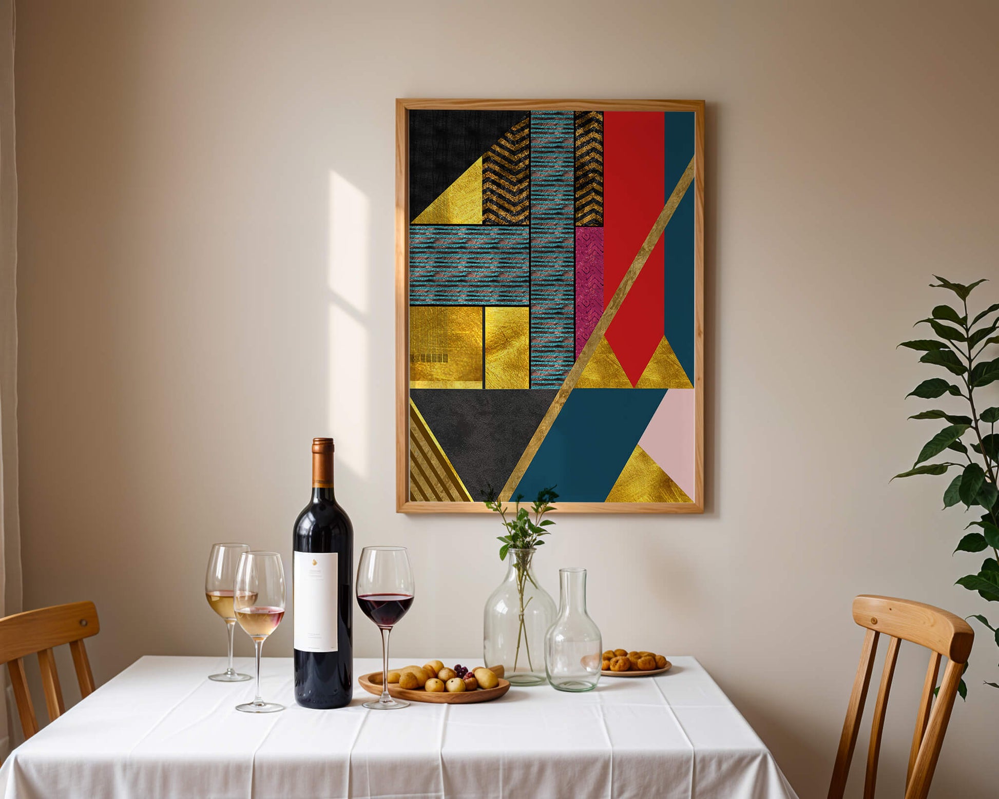 Geometric abstract art with bold colors and golden accents