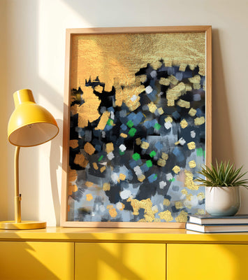 Abstract art with gold and colorful brushstrokes
