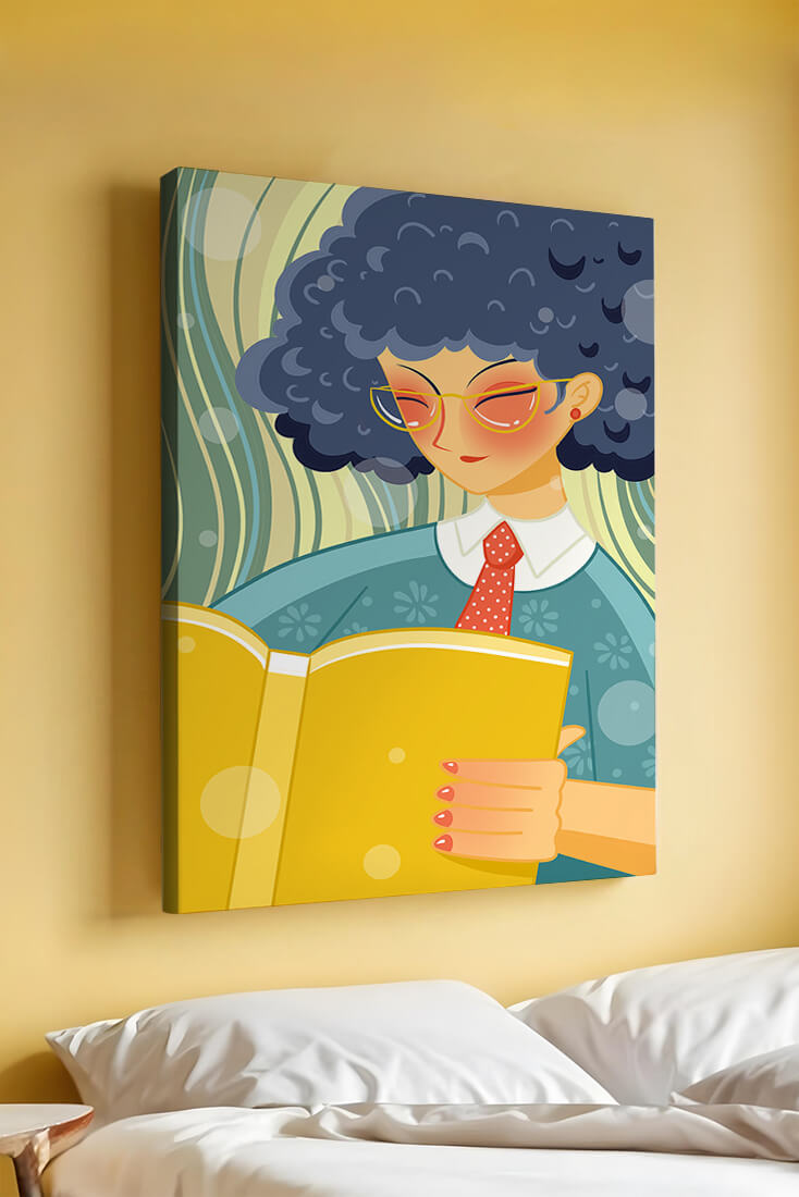 Illustration of a person reading a large yellow book in a stylized design