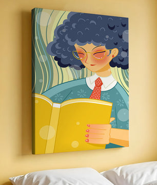 Illustration d'une personne lisant un grand livre jaune dans un style stylisé