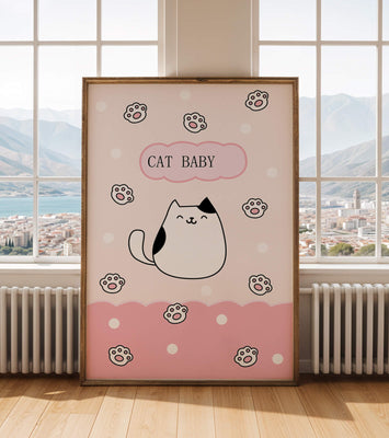 Adorable cat baby illustration with cute paw prints and polka dots