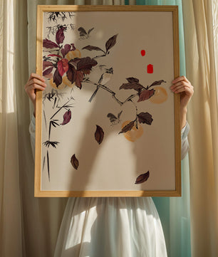 Elegant nature illustration featuring butterflies and birds on a branch