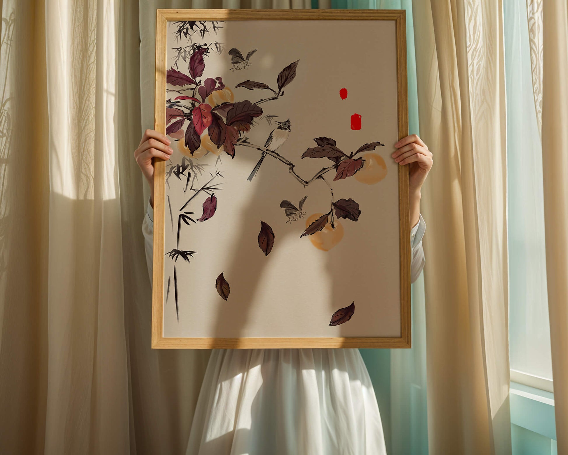 Elegant nature illustration featuring butterflies and birds on a branch
