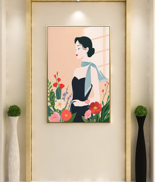Elegant Woman with Floral Background and Scarf