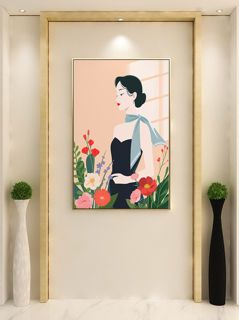 Mujer elegante con fondo floral y bufanda