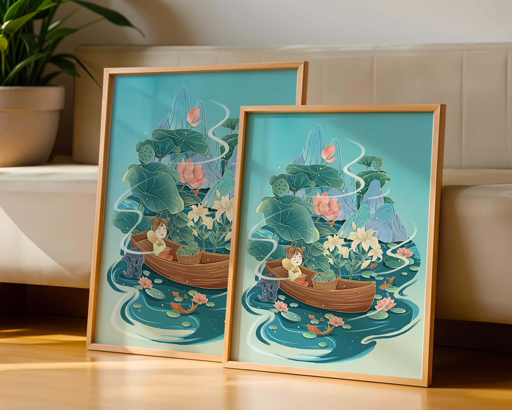 Serene landscape with lotus and boat in a tranquil water scene
