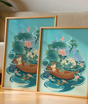 Heitere Landschaft mit Lotus und Boot in einer ruhigen Wasserszene