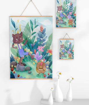Playful Cat and Chicken in Vibrant Forest Scene Illustration