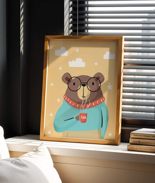 Illustration of a bear with glasses holding a tea cup against a starry background