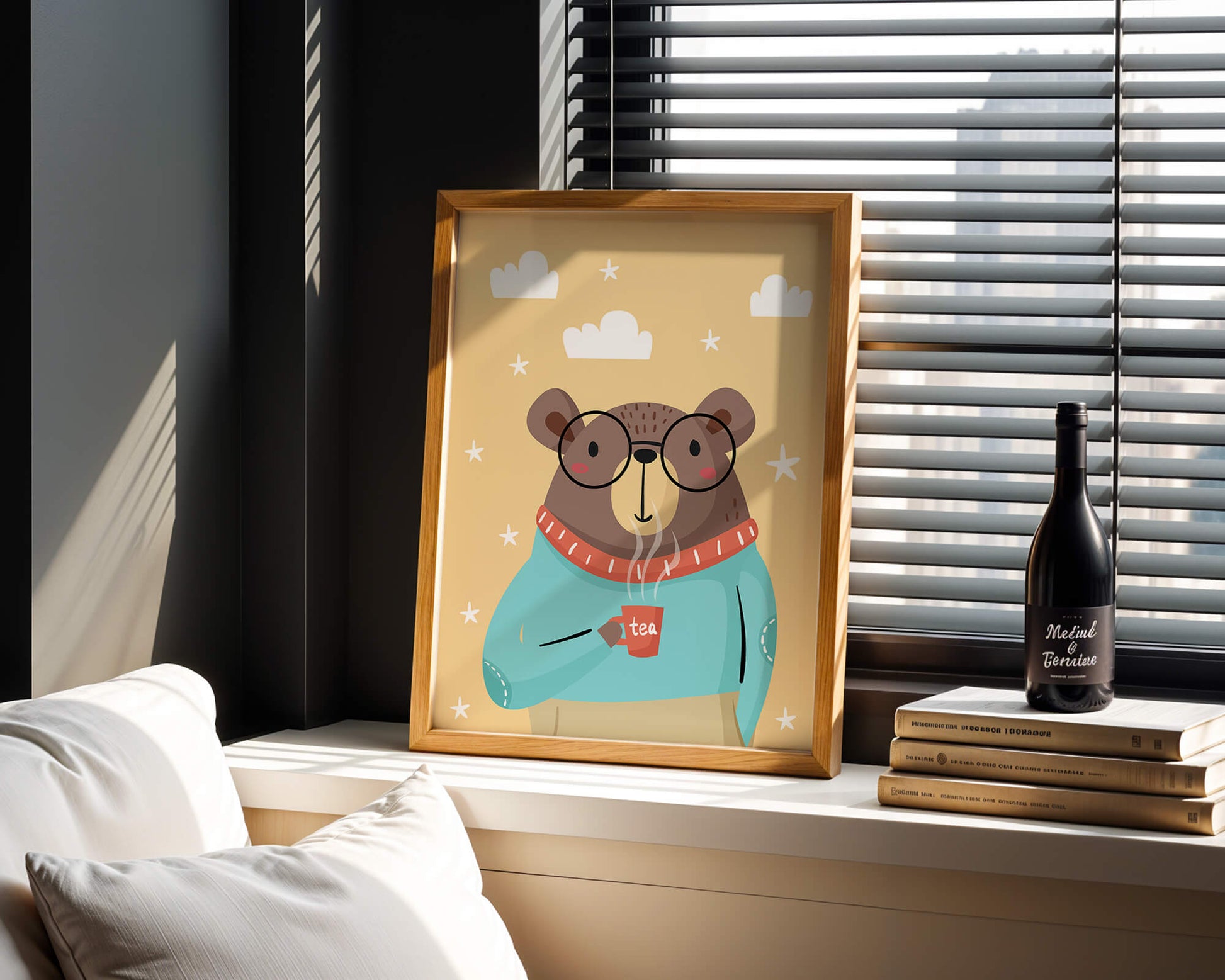 Illustration of a bear with glasses holding a tea cup against a starry background
