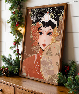Elegante retrato de una mujer asiática con atuendo tradicional y elementos florales