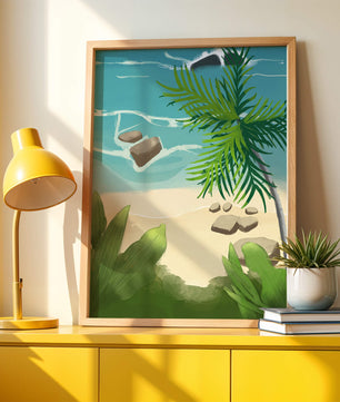 Serene tropical beach scene with lush greenery and calm waves